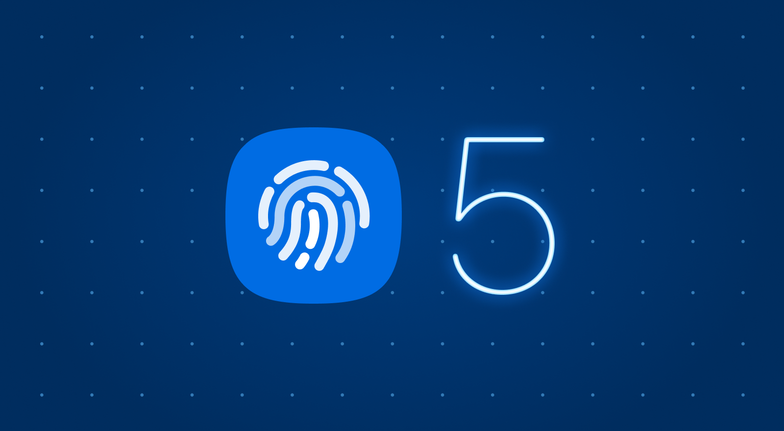 Ionic’s Advanced Biometric Security Solution: Identity Vault 5.0 - Blue thumbprint and blue 5 on dark blue dotted background