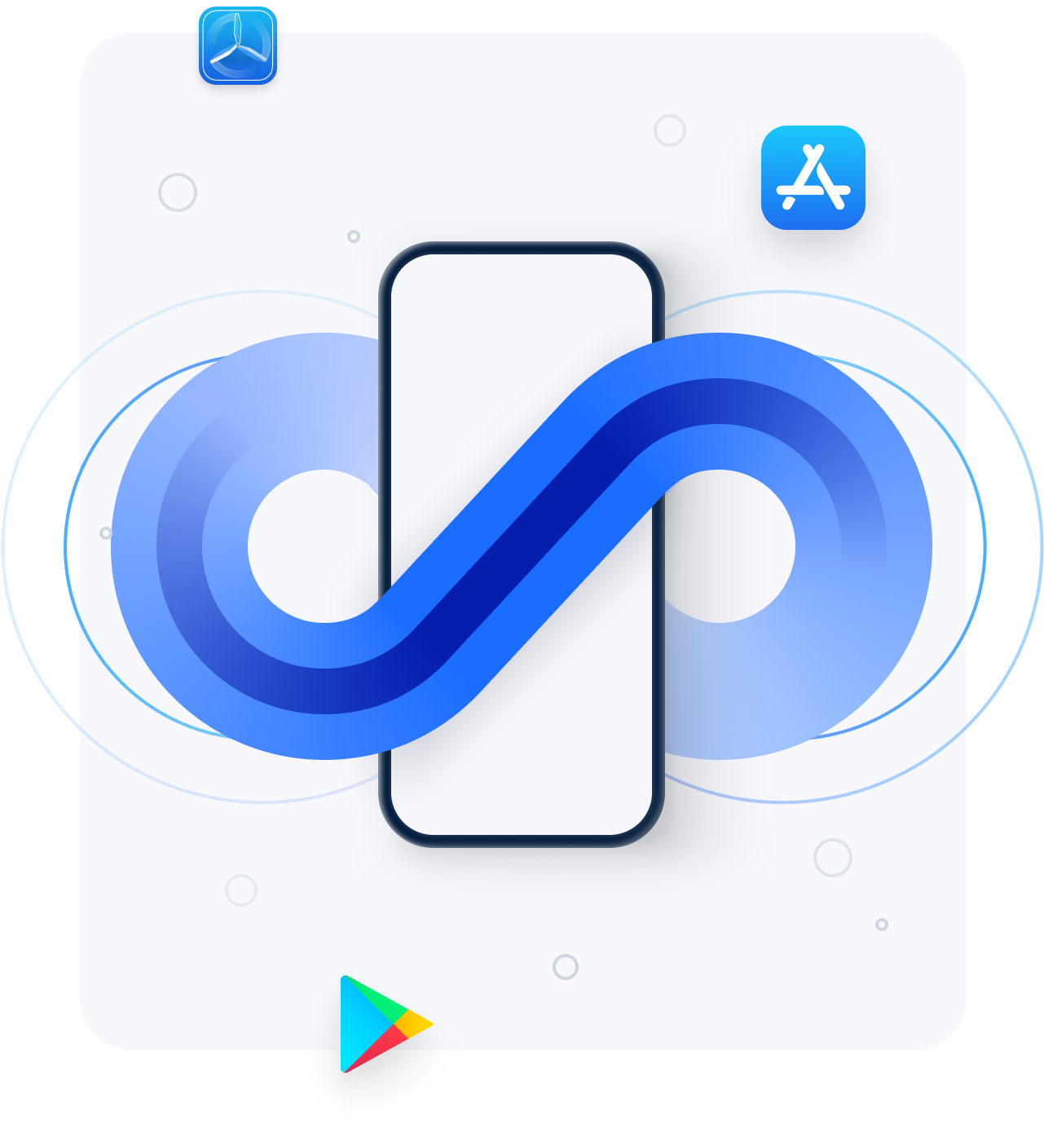 infinity symbol surrounded by testlight, apple app store, and google play icons