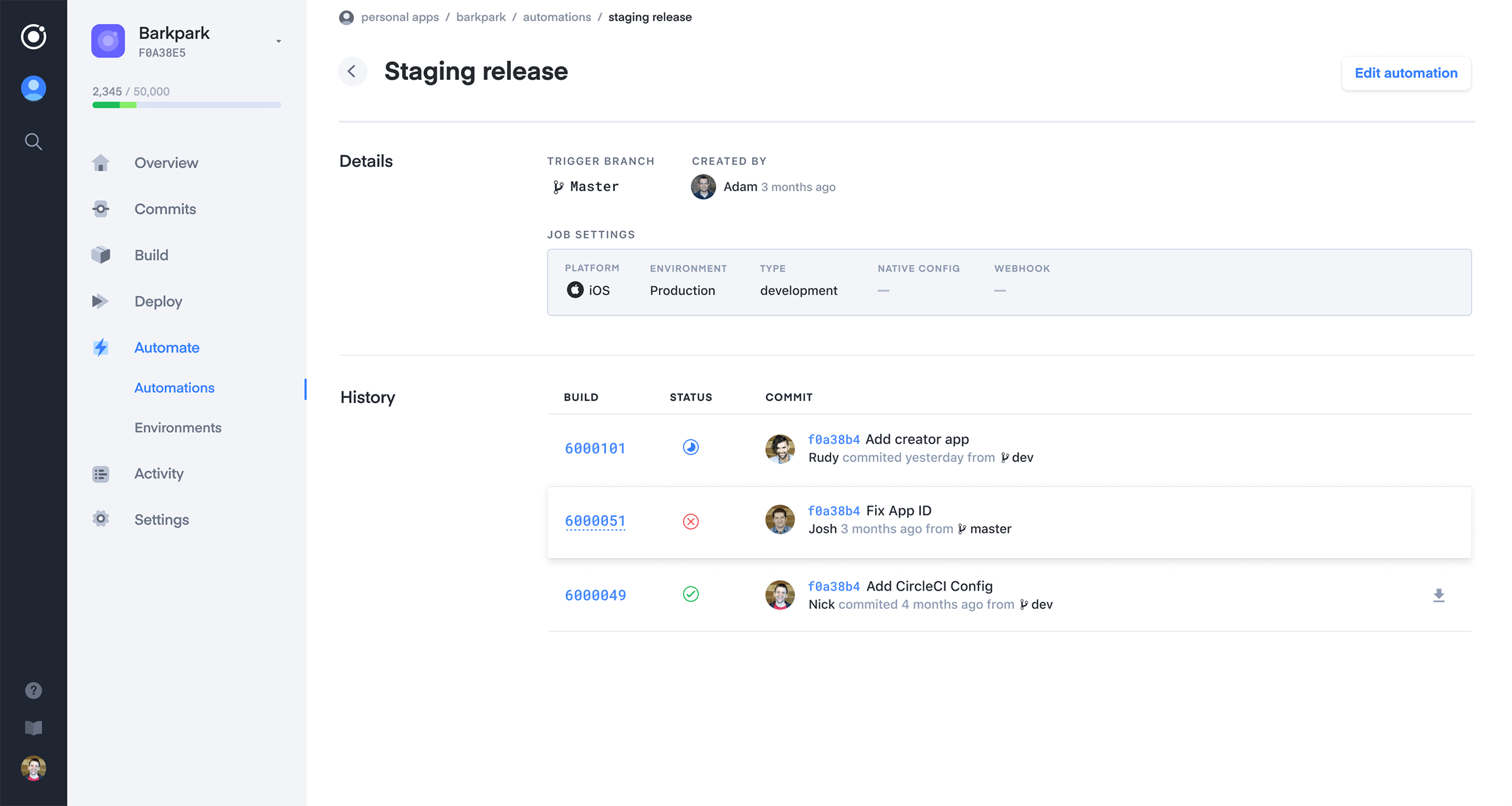 Appflow screen with title "Staging release"