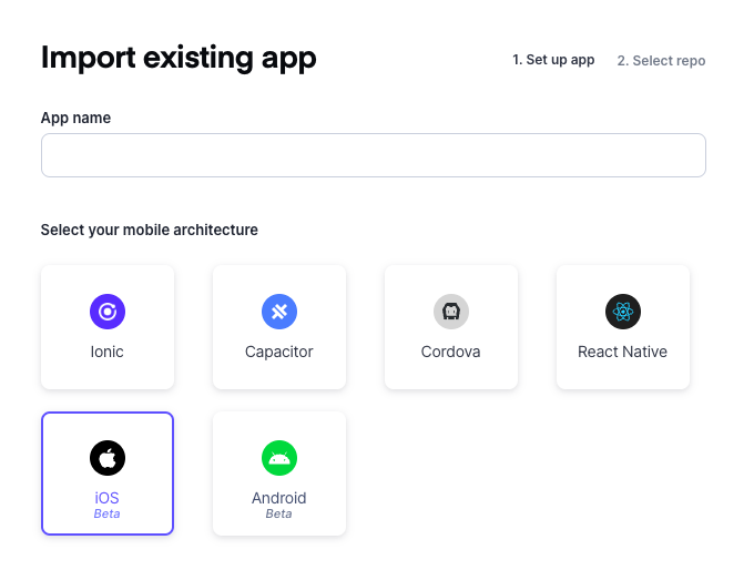 Appflow Dashboard, import existing app screen with iOS (Beta) architecture selected.