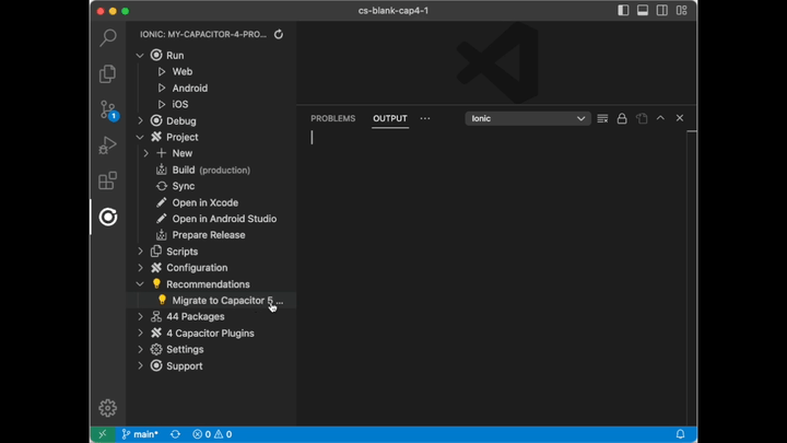 Demo of the "Migrate to Capacitor 5" recommendation in action.