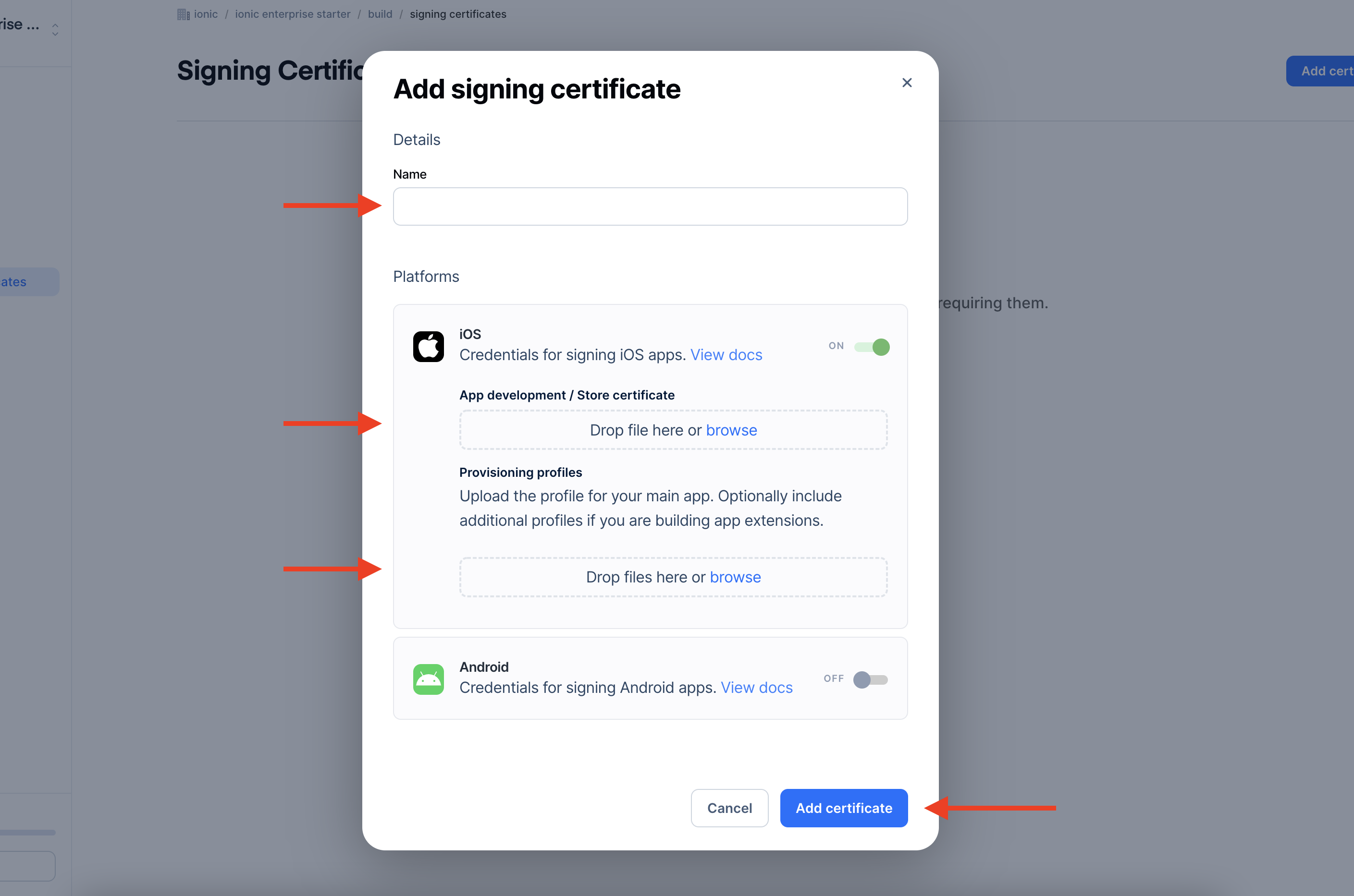 Appflow-add-signing-certificate