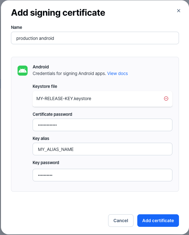 Add Android cert