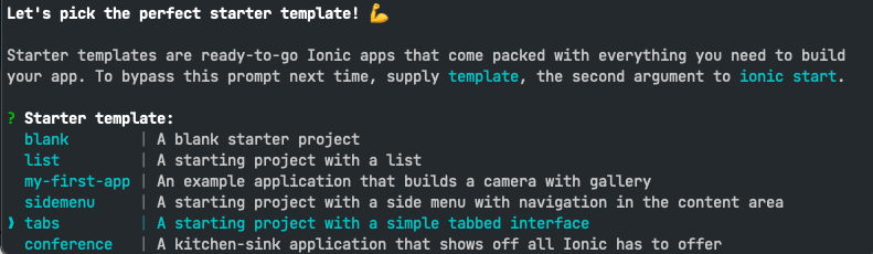 Ionic CLI Template Selection