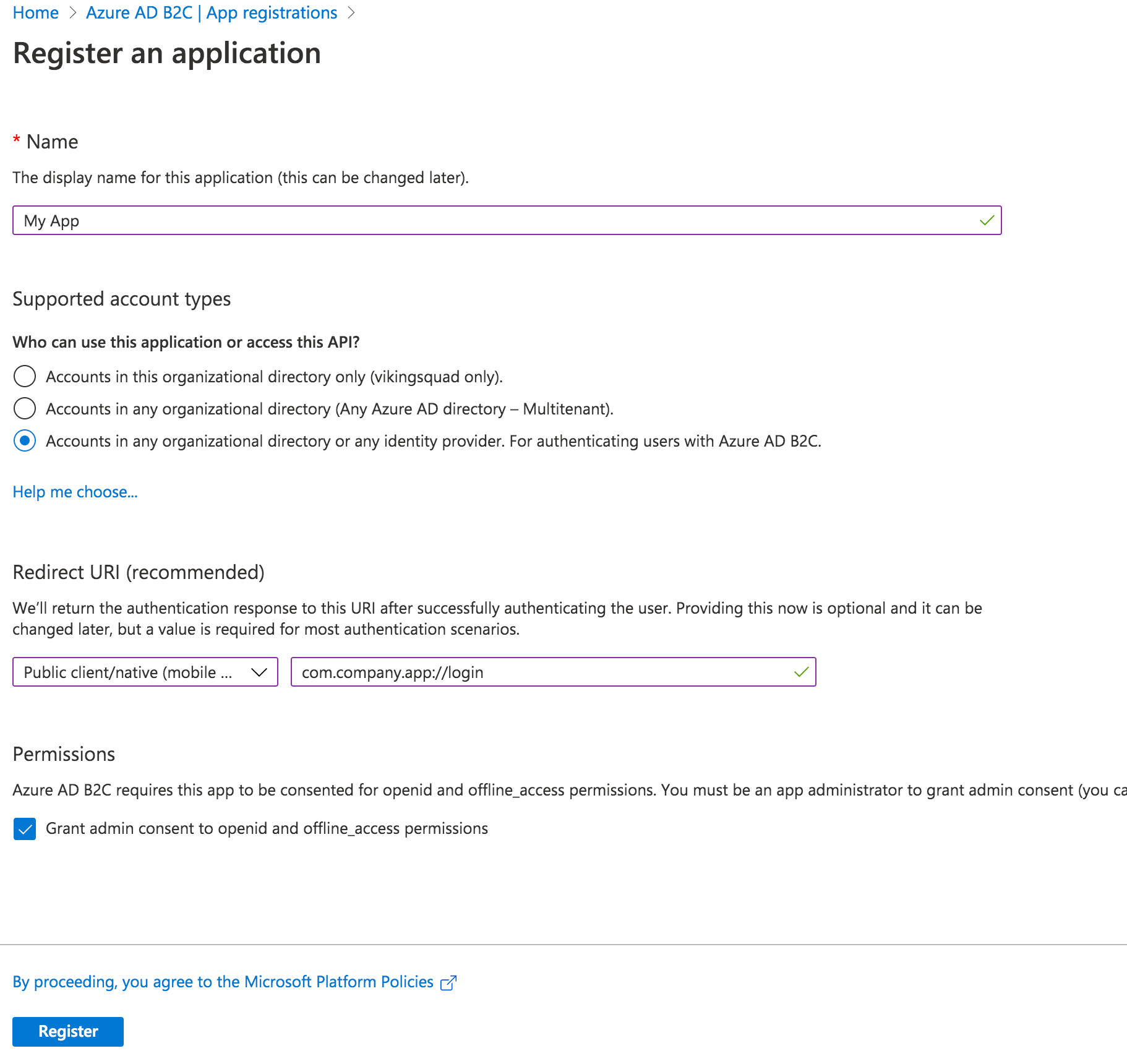 Azure app: Register new