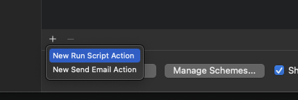 Post-actions scheme editor with plus button selected and New Run Script Action highlighted